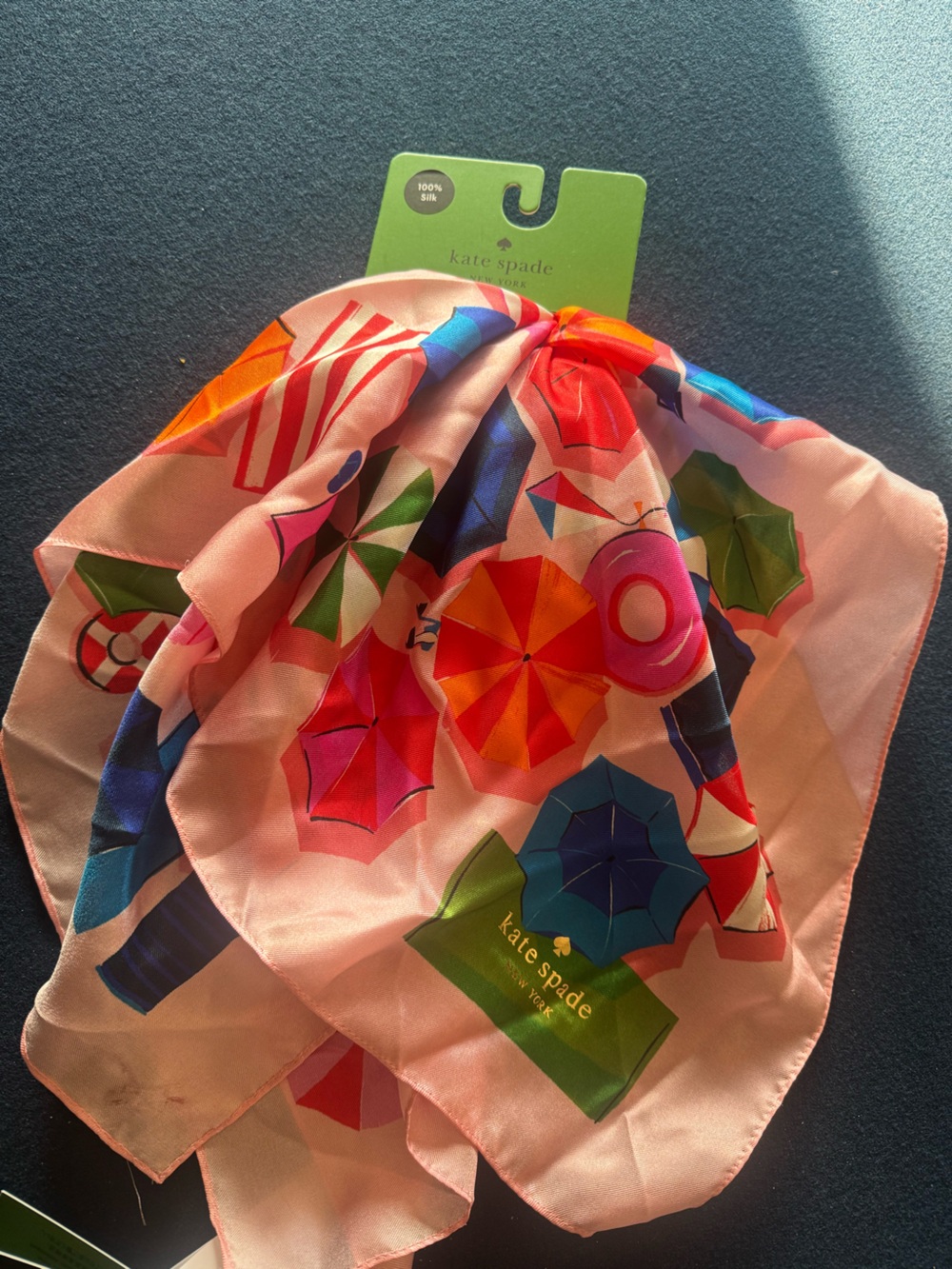 kate spade ♠️ 100%  Silk Scarf with Multicolor Beach Umbrella Motif on pale pink